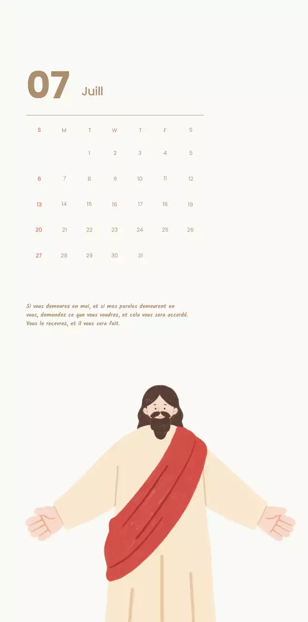 Un calendrier dévotionnel avec des illustrations douces et des versets bibliques sur un fond bleu clair.