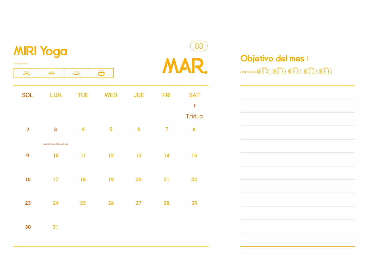 Calendario promocional de yoga minimalista naranja