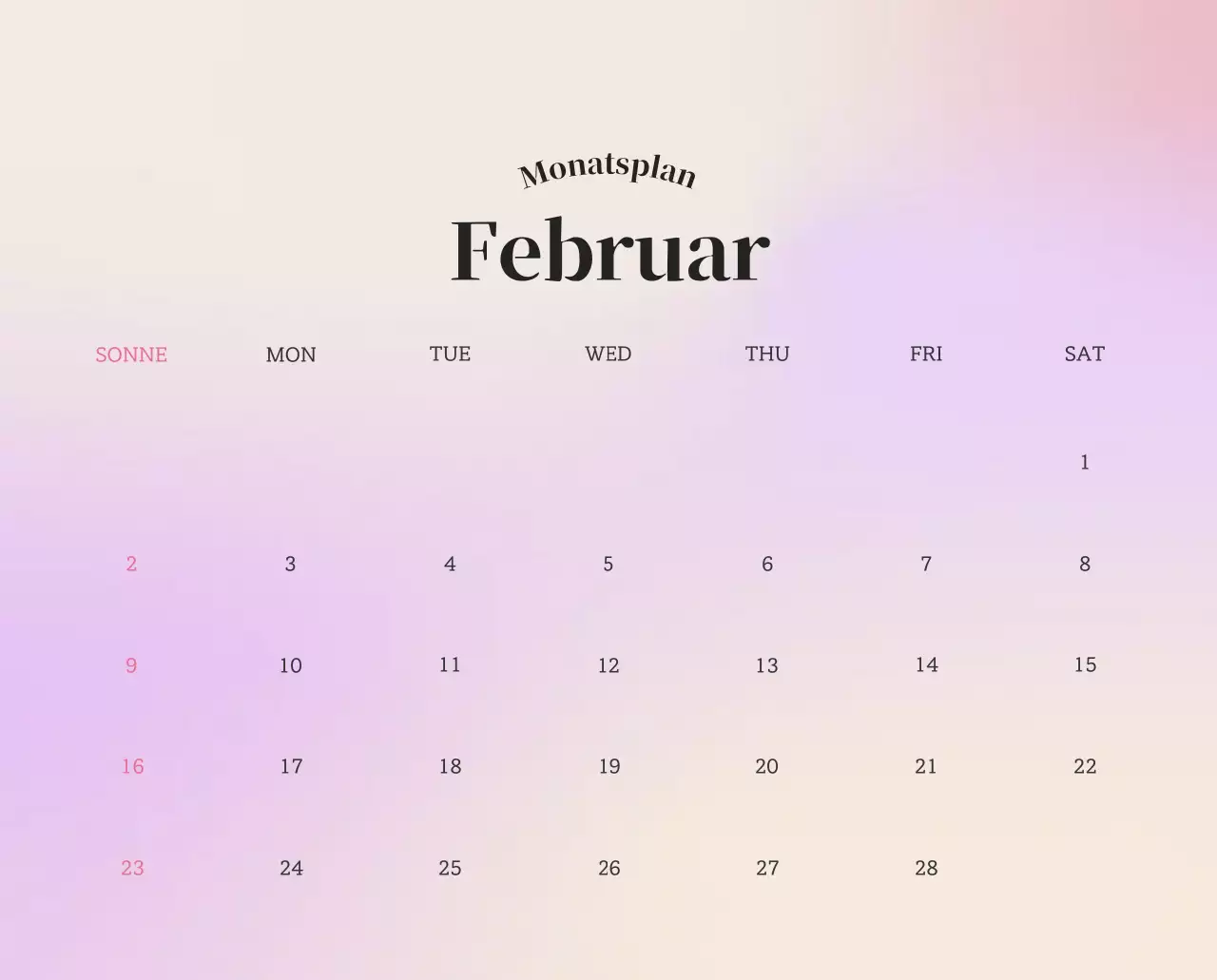 Minimalistischer Kalender mit Farbverlauf