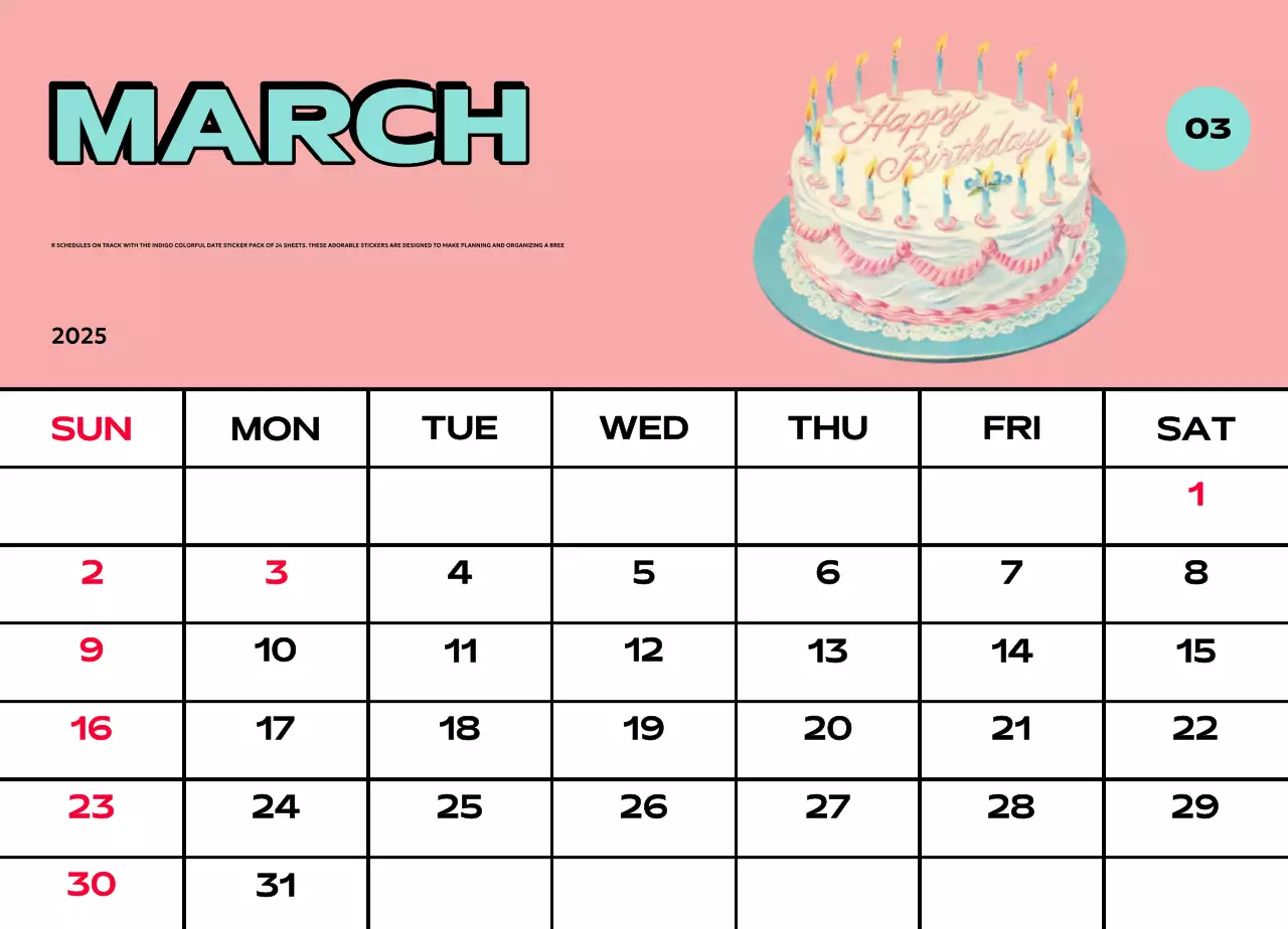 Kalender penuh warna dengan berbagai ilustrasi retro