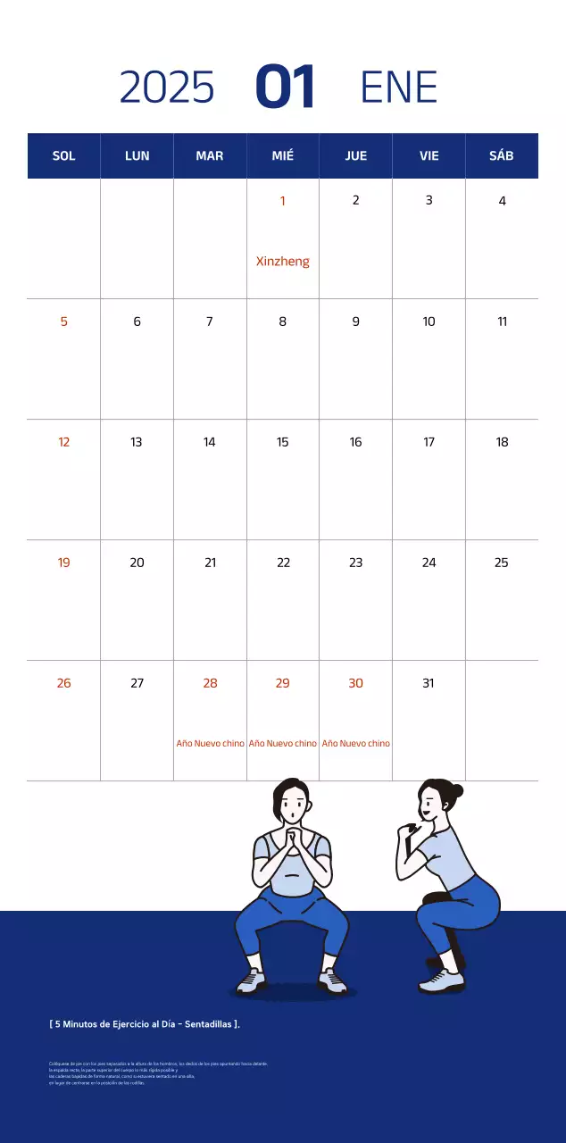 Calendario sencillo con ilustraciones azules y limpias