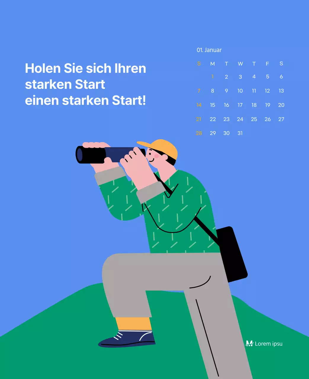 Motivationskalender mit energiegeladenen Illustrationen und positiven Zitaten auf hellblauem Hintergrund