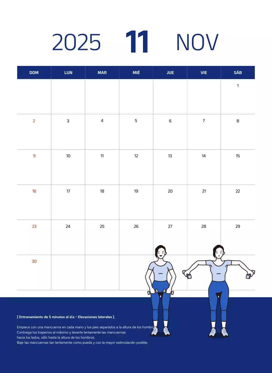 Calendario sencillo con ilustraciones azules y limpias