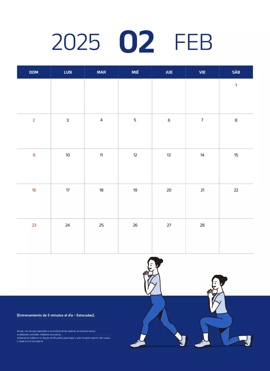 Calendario sencillo con ilustraciones azules y limpias