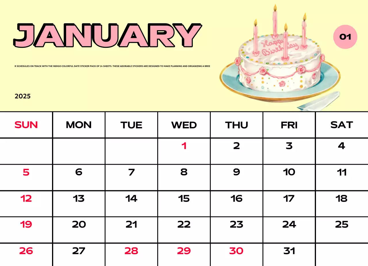 Kalender penuh warna dengan berbagai ilustrasi retro