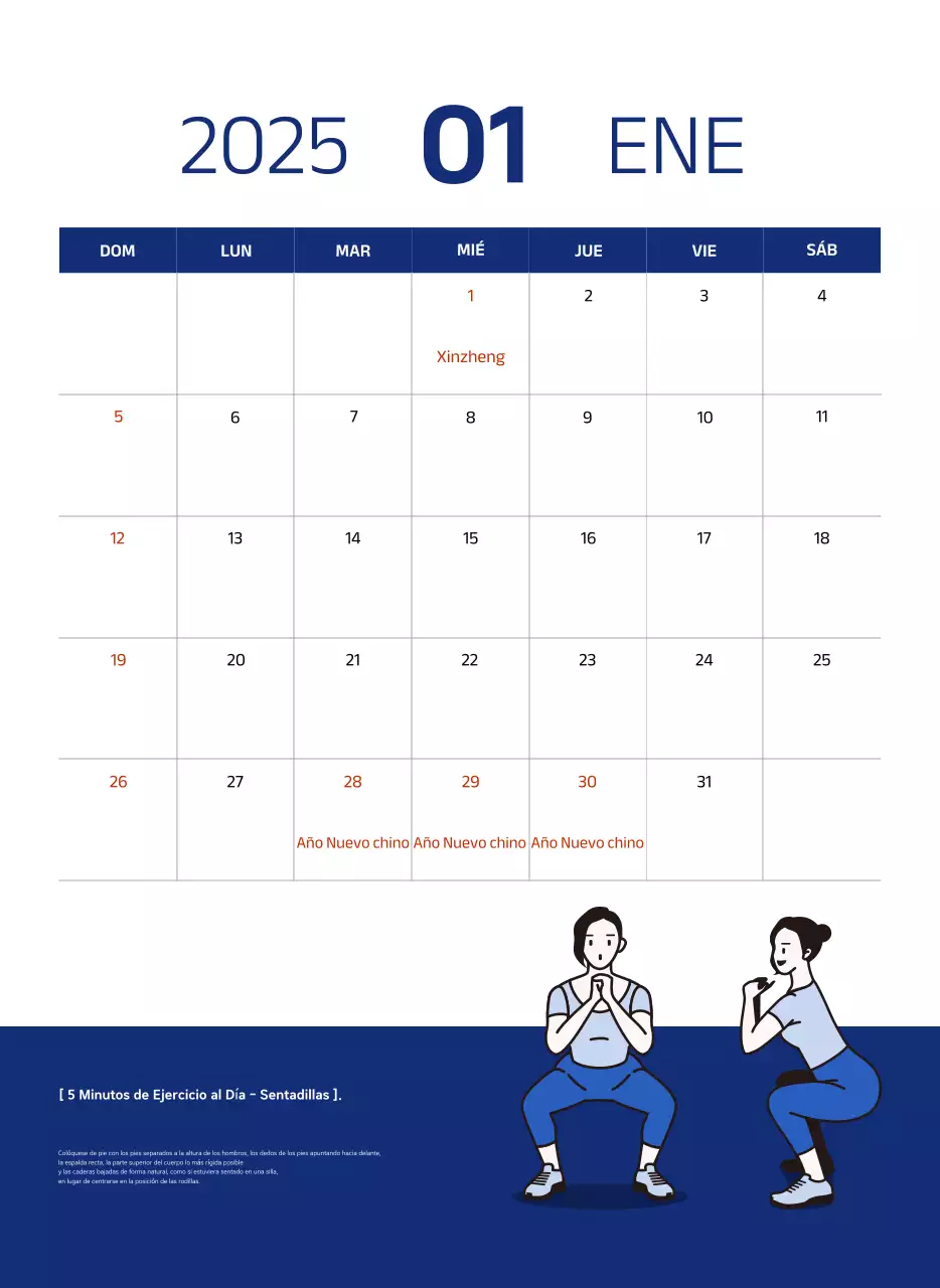 Calendario sencillo con ilustraciones azules y limpias