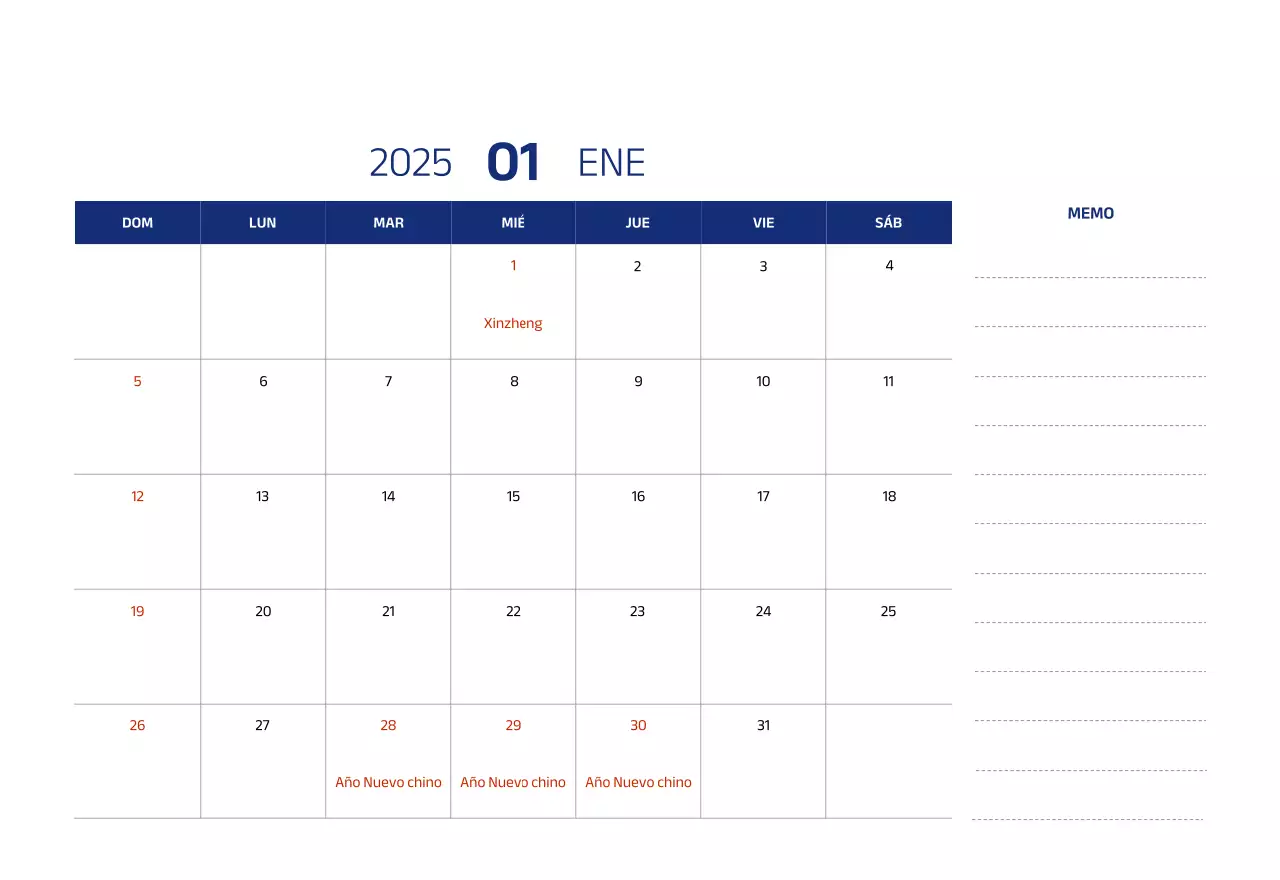 Calendario sencillo con ilustraciones azules y limpias