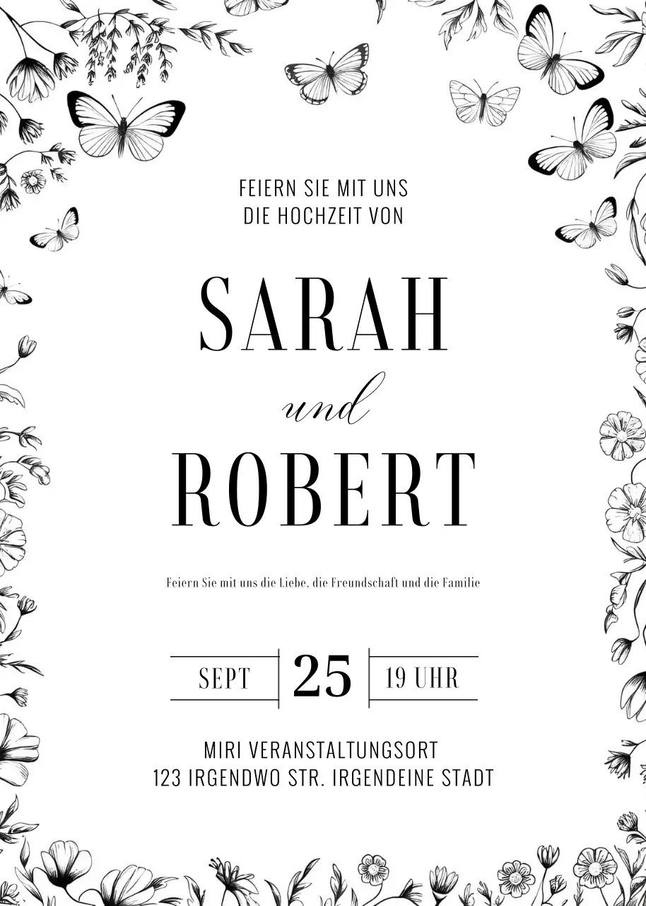 Schwarze weiße Hochzeitseinladung eleganter Stil