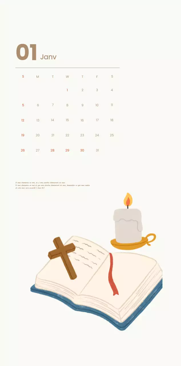Un calendrier dévotionnel avec des illustrations douces et des versets bibliques sur un fond bleu clair.