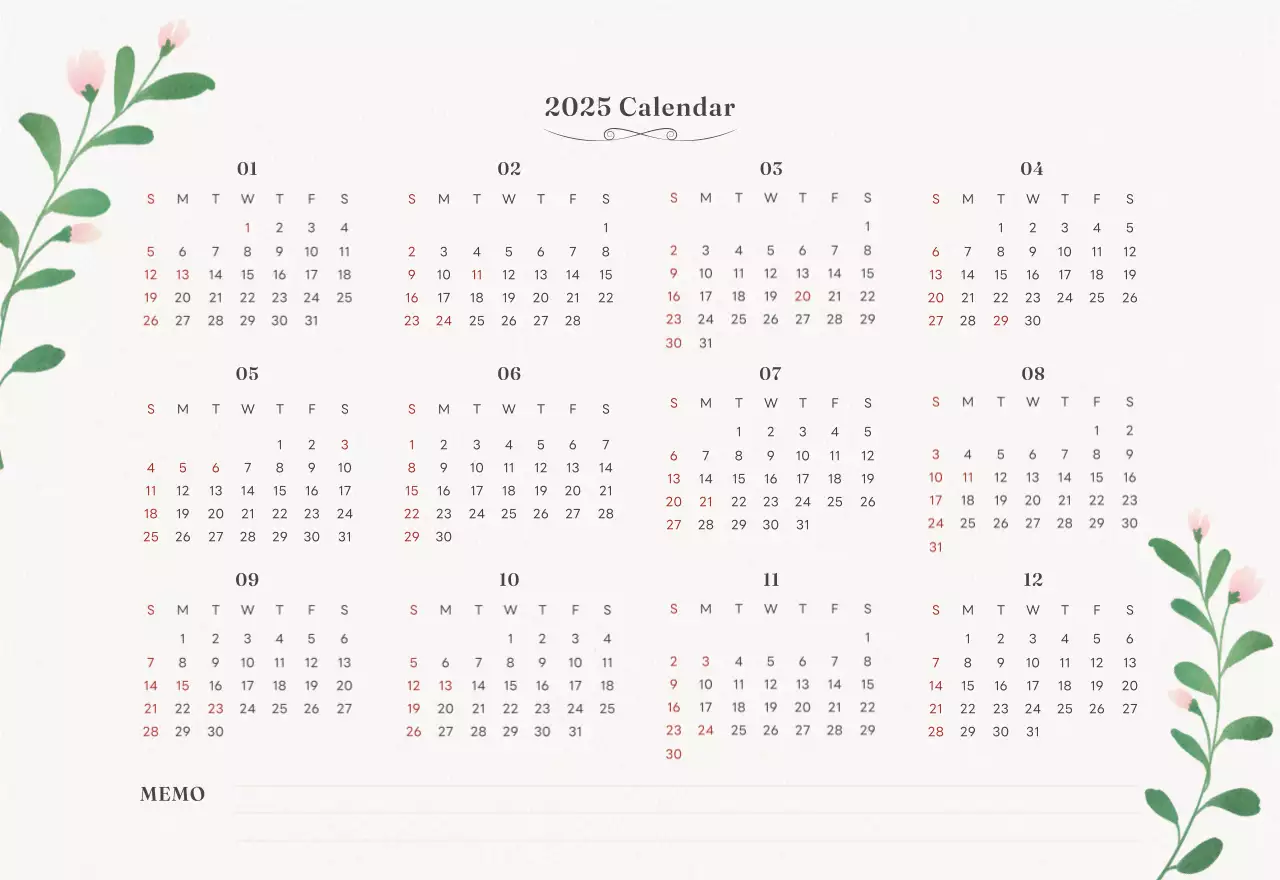 アイボリーとグリーンのシンプルな2025年花柄卓上カレンダー