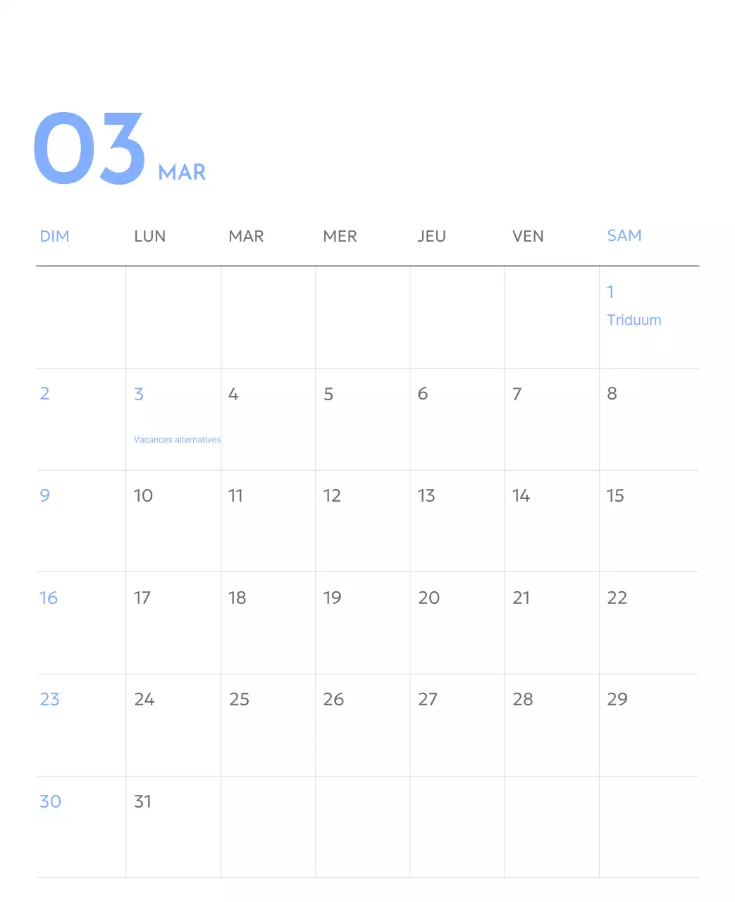 Calendrier photo de suivi des objectifs avec une touche de bleu