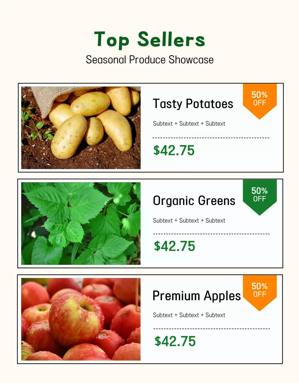 Cartaz de promoção de produtos rústicos verdes