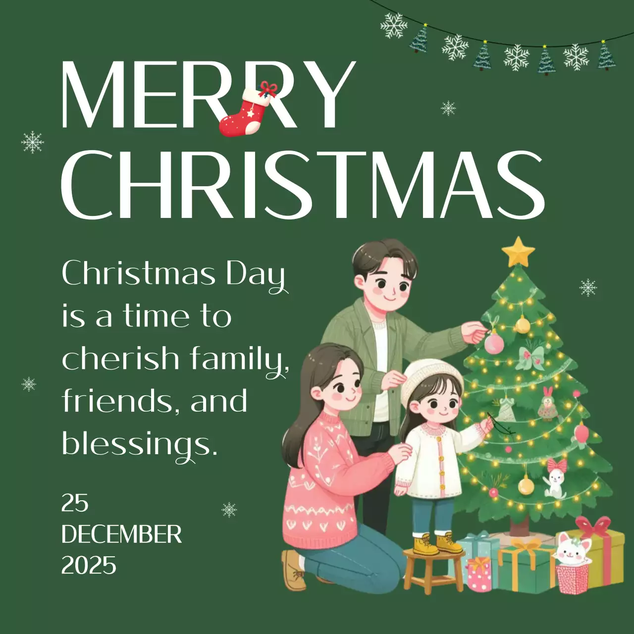 녹색과 흰색 일러스트 메리 크리스마스 인스타그램 게시물