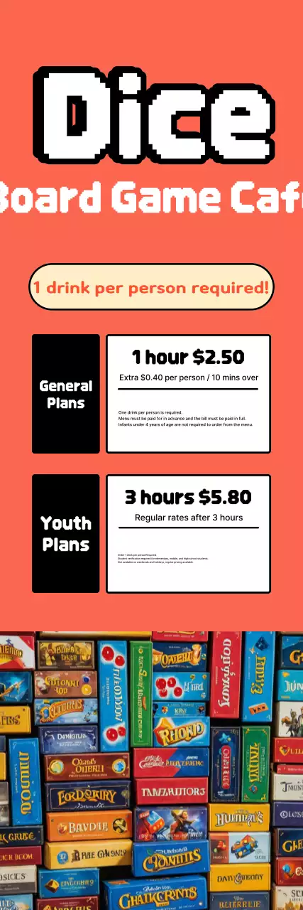 Light blue retro board game cafe ad