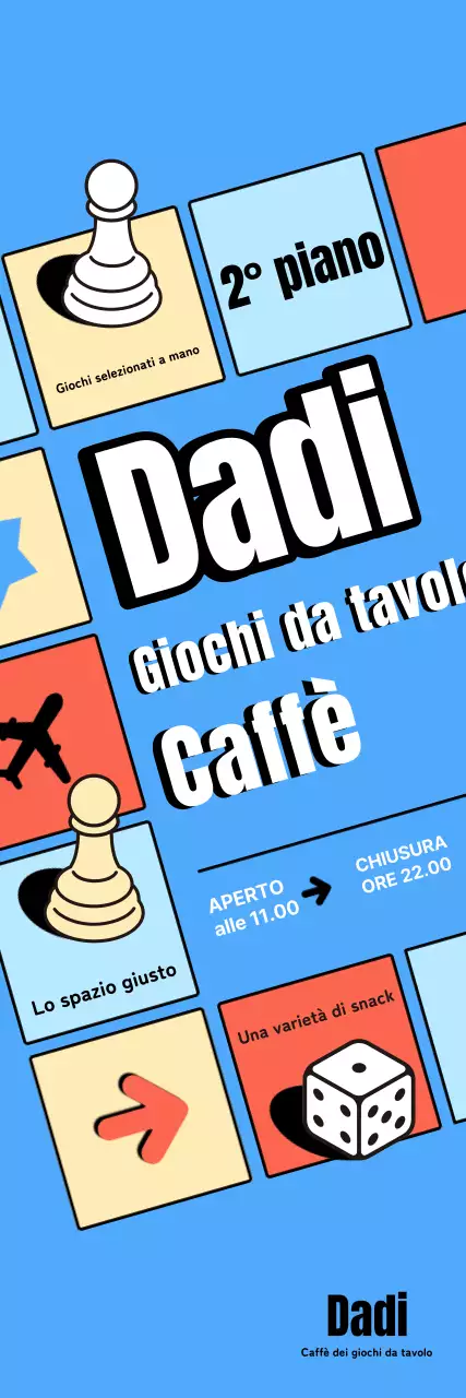Pubblicità di un bar per giochi da tavolo retrò di colore azzurro