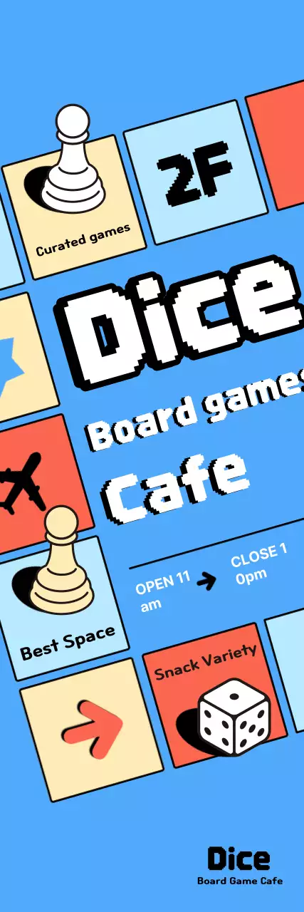 Light blue retro board game cafe ad