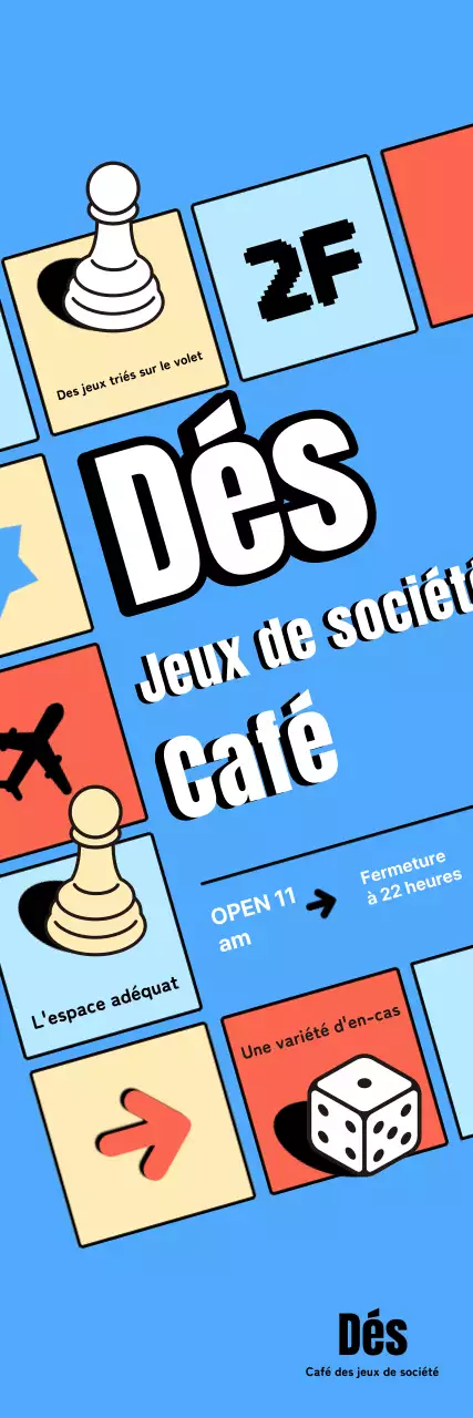 Publicité pour un café de jeux de société rétro bleu clair