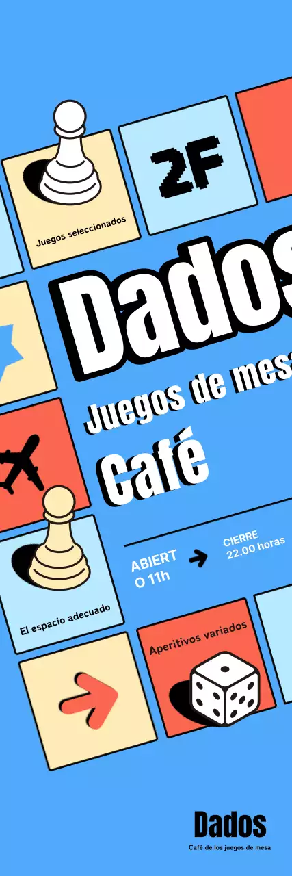 Anuncio azul claro de cafetería de juegos de mesa retro