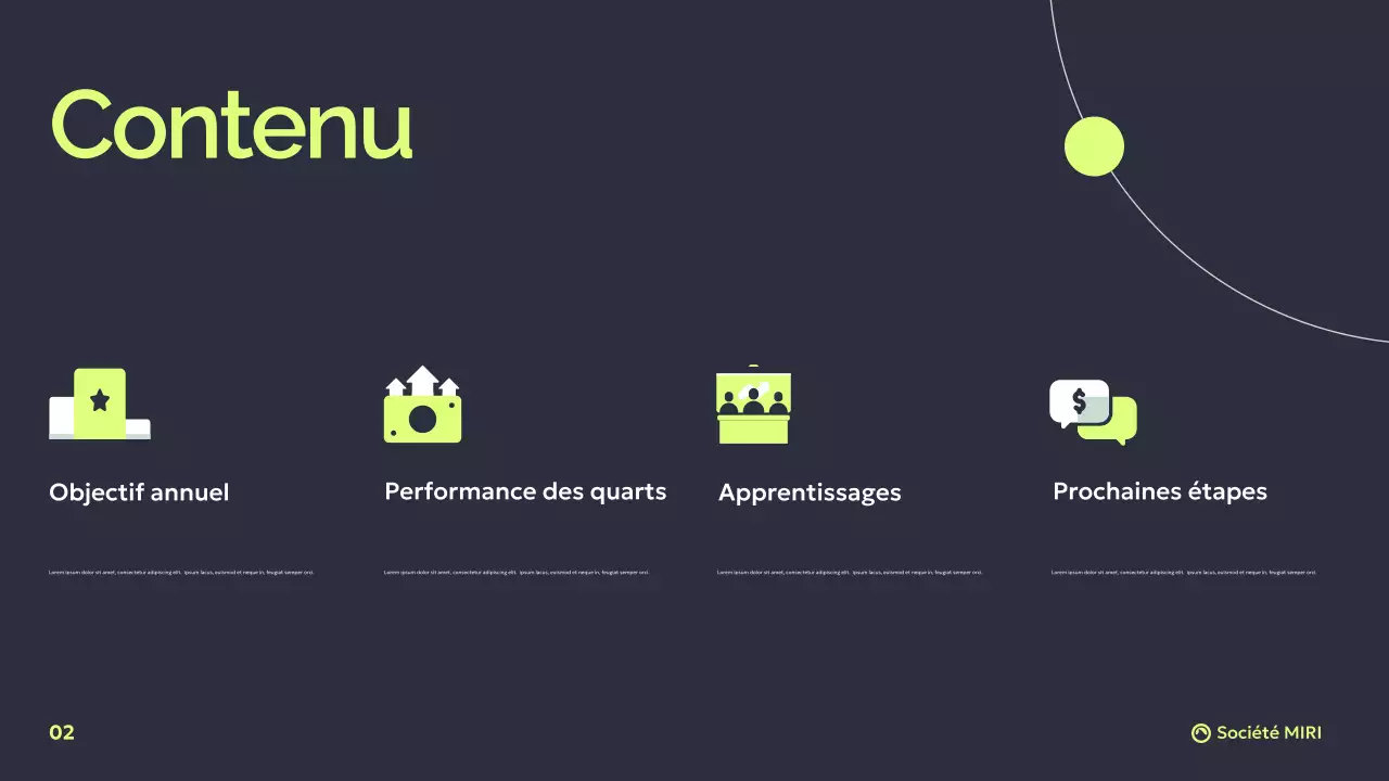 Présentation d'un rapport d'activité moderne en gris foncé et vert