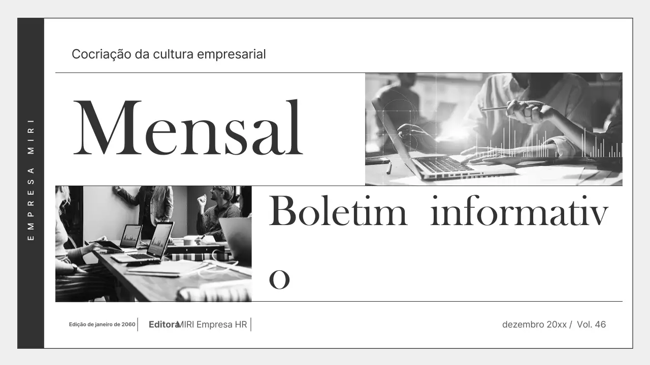 Boletim informativo empresarial moderno a preto e branco