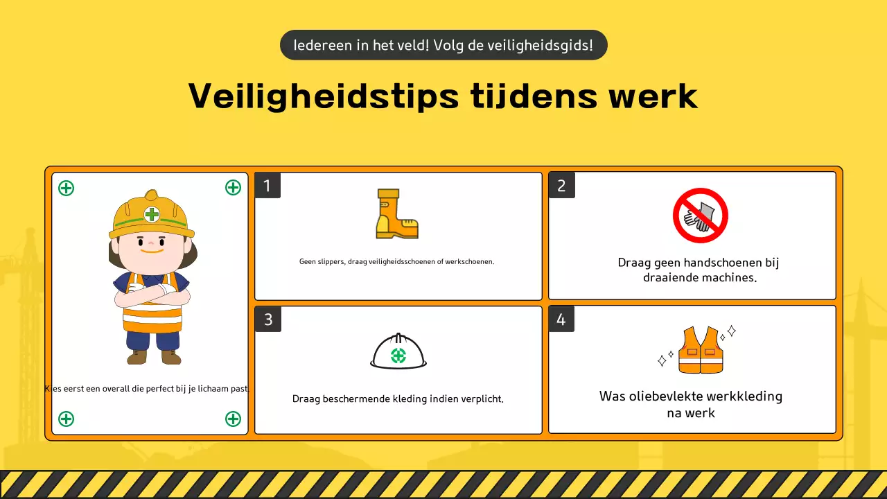 Een verzameling leuke gele en groene veiligheidshandleidingen voor bouwplaatsen
