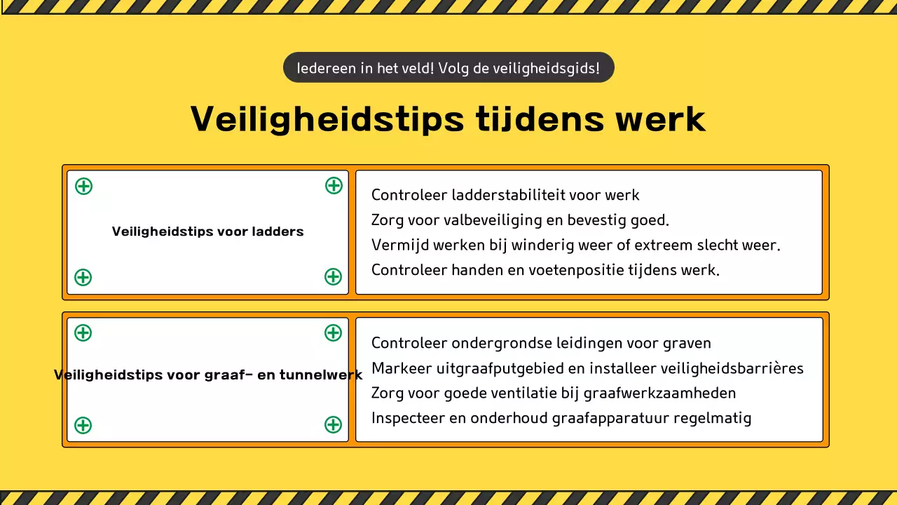 Een verzameling leuke gele en groene veiligheidshandleidingen voor bouwplaatsen