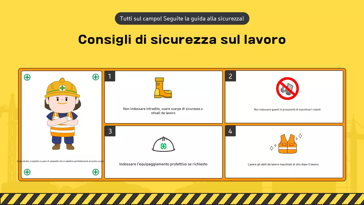 Una raccolta di simpatici manuali di sicurezza per cantieri gialli e verdi