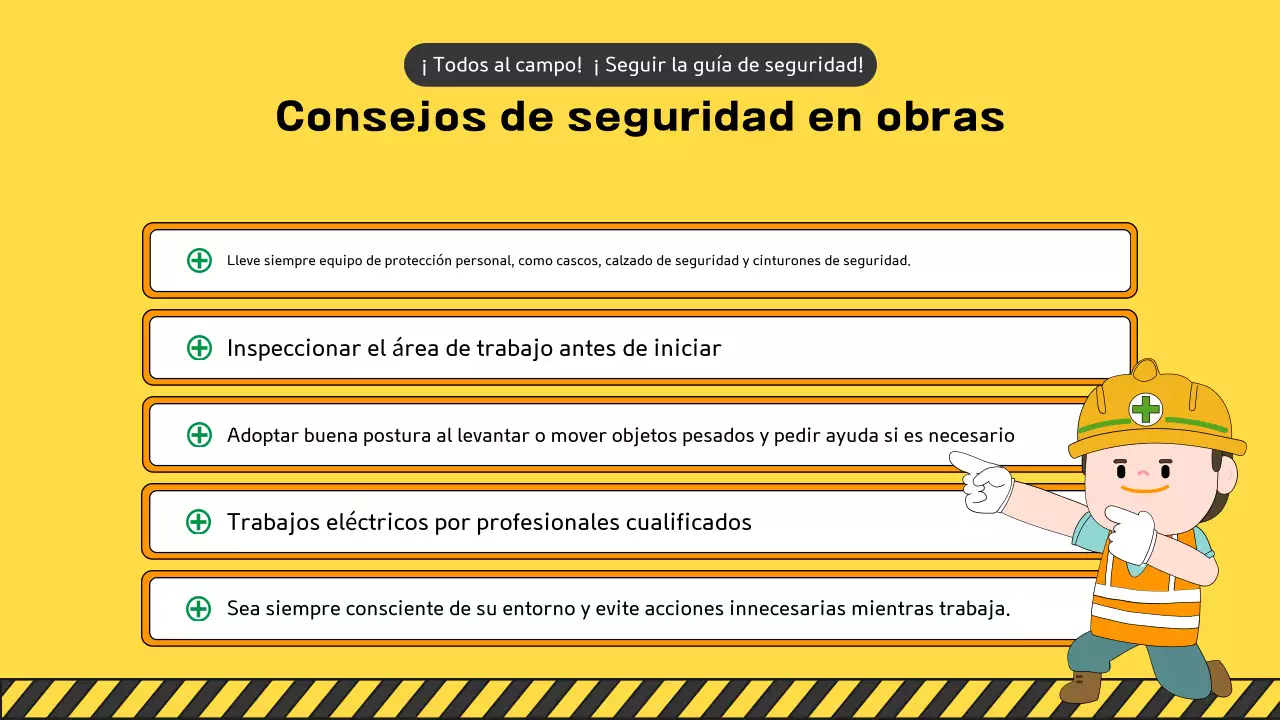Una colección de simpáticos manuales amarillos y verdes de seguridad para obras de construcción