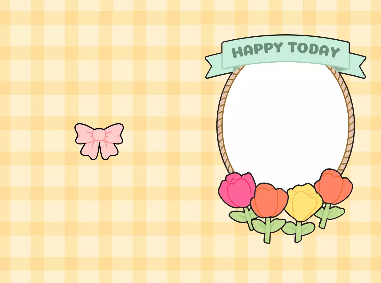 체크패턴 배경과 아기자기한 꽃 일러스트가 있는 카드 프레임