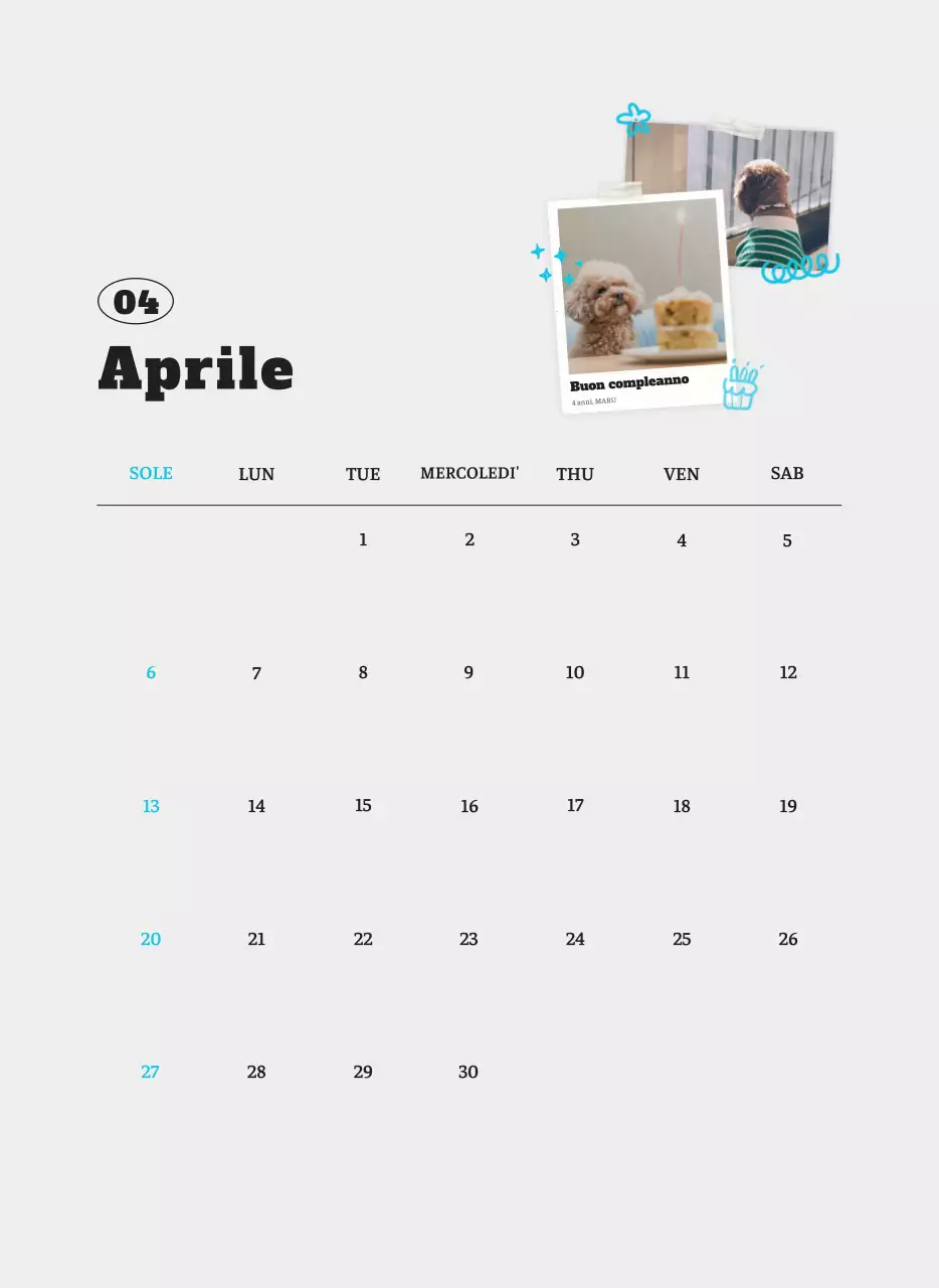 Calendario fotografico degli animali del balletto bianco e ordinato