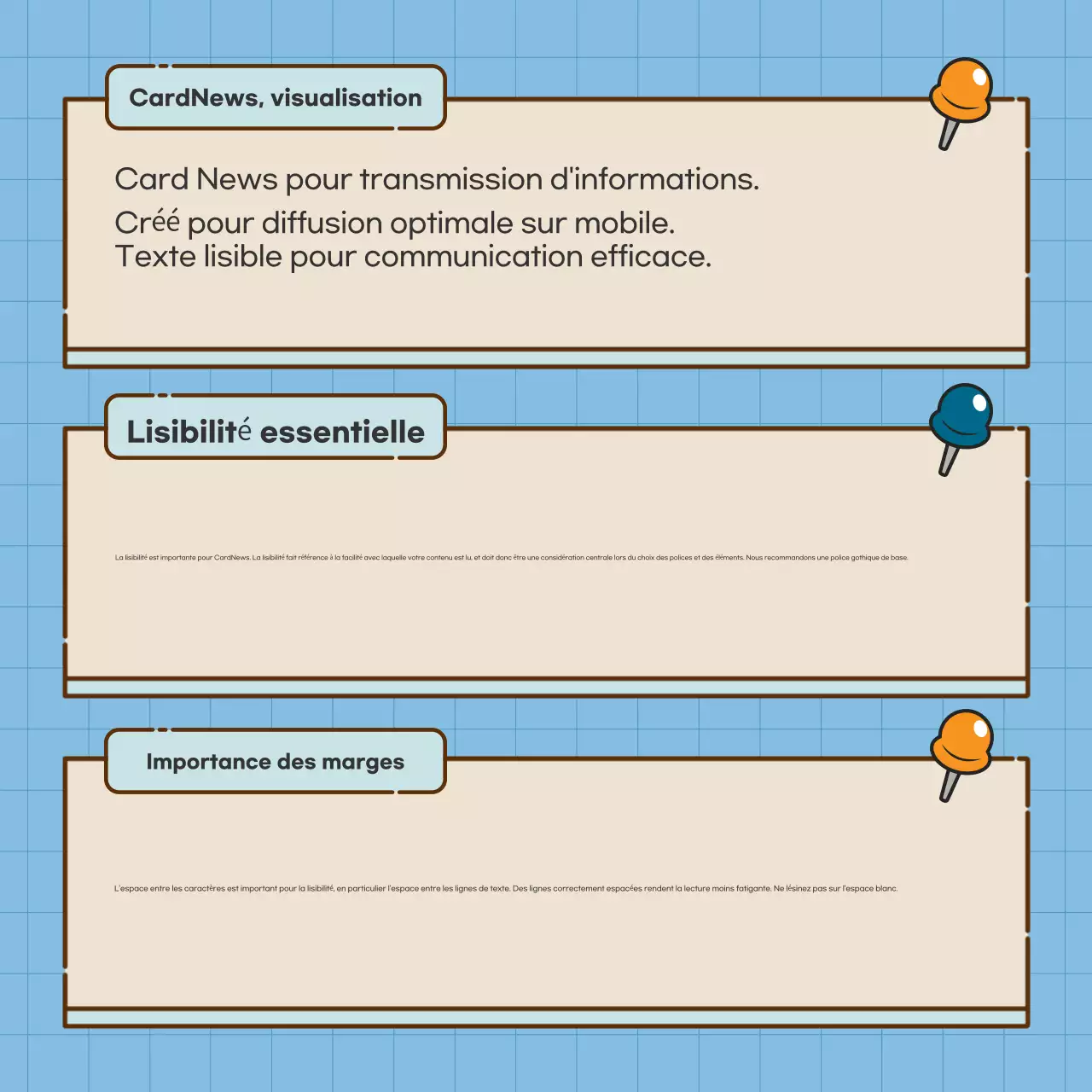 Des cartes épurées et centrées sur le texte en bleuRevue de presse