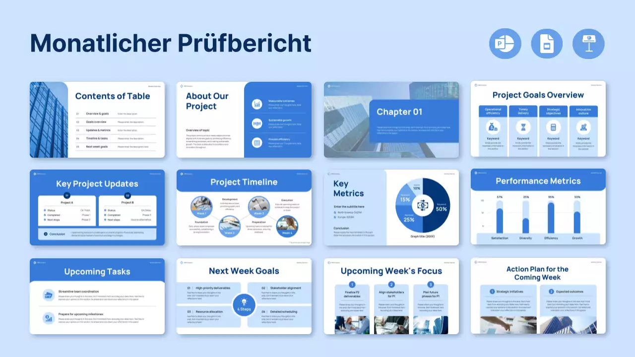 blue modern monthly review report pitch