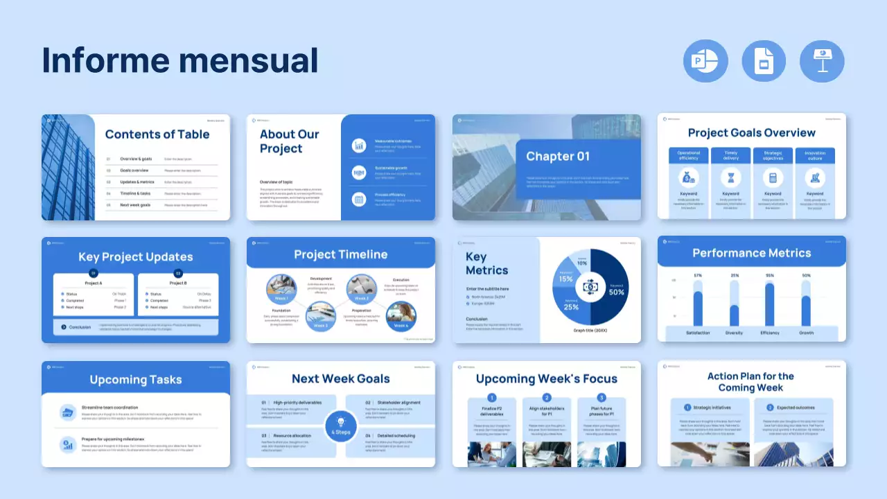 blue modern monthly review report pitch