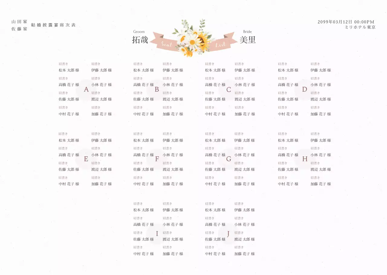 アイボリーとグリーンの美しい結婚式の席次表