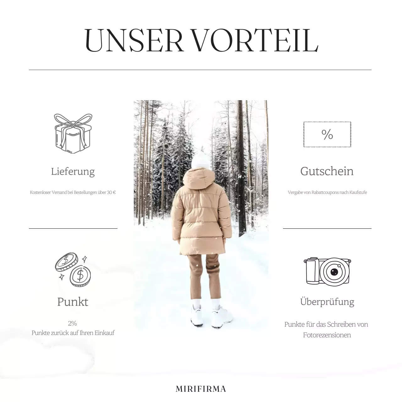 Minimalistische Marketinganzeige für Wintermarken in Weiß