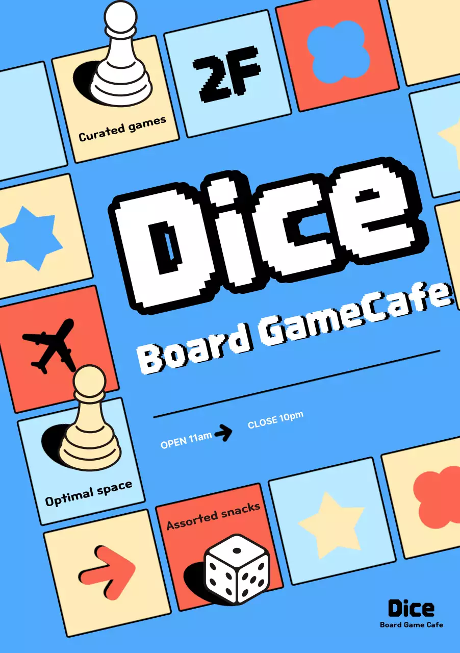 Promote a light blue retro board game cafe