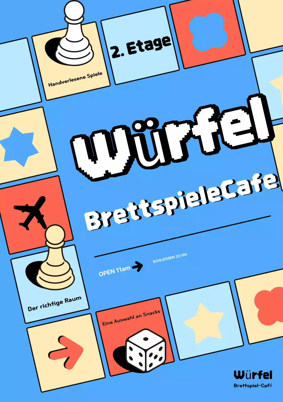 Werben Sie für Ihr hellblaues Retro-Brettspiel-Café