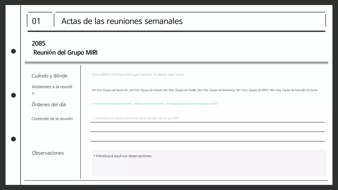 Resumen de la planificación Actas de las reuniones en el lugar de trabajo
