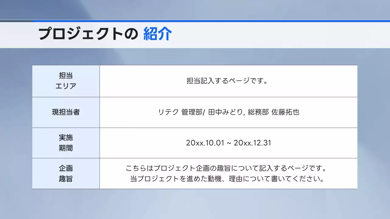 青 シンプル プロジェクト 報告書 プレゼンテーション
