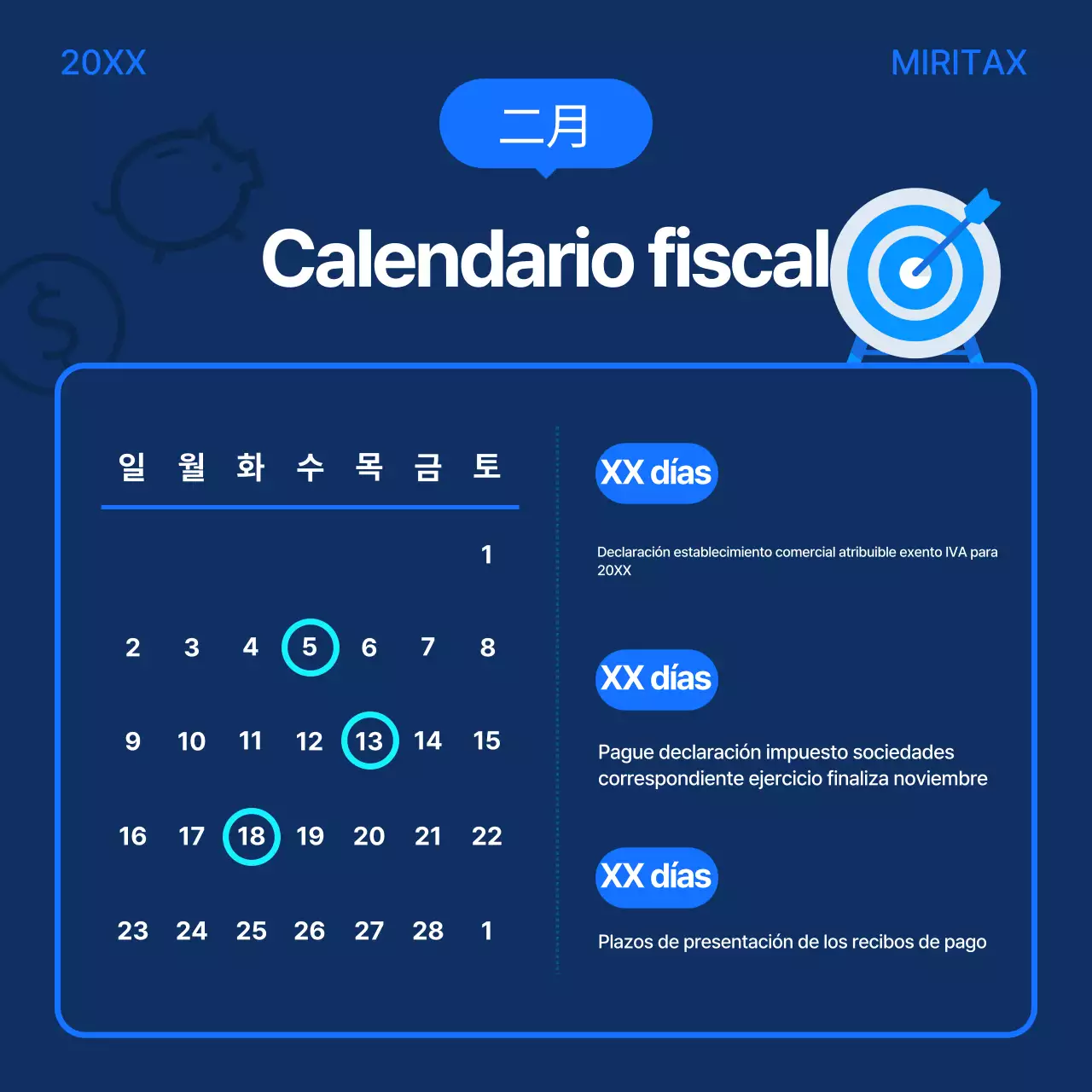 Guía del calendario fiscal moderno azul