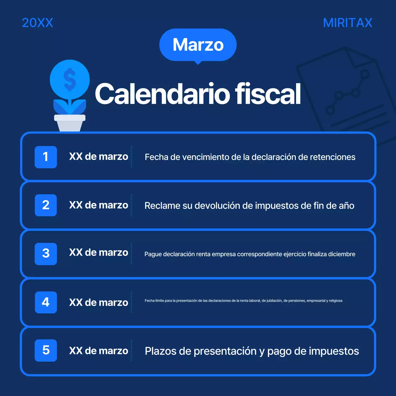 Guía del calendario fiscal moderno azul