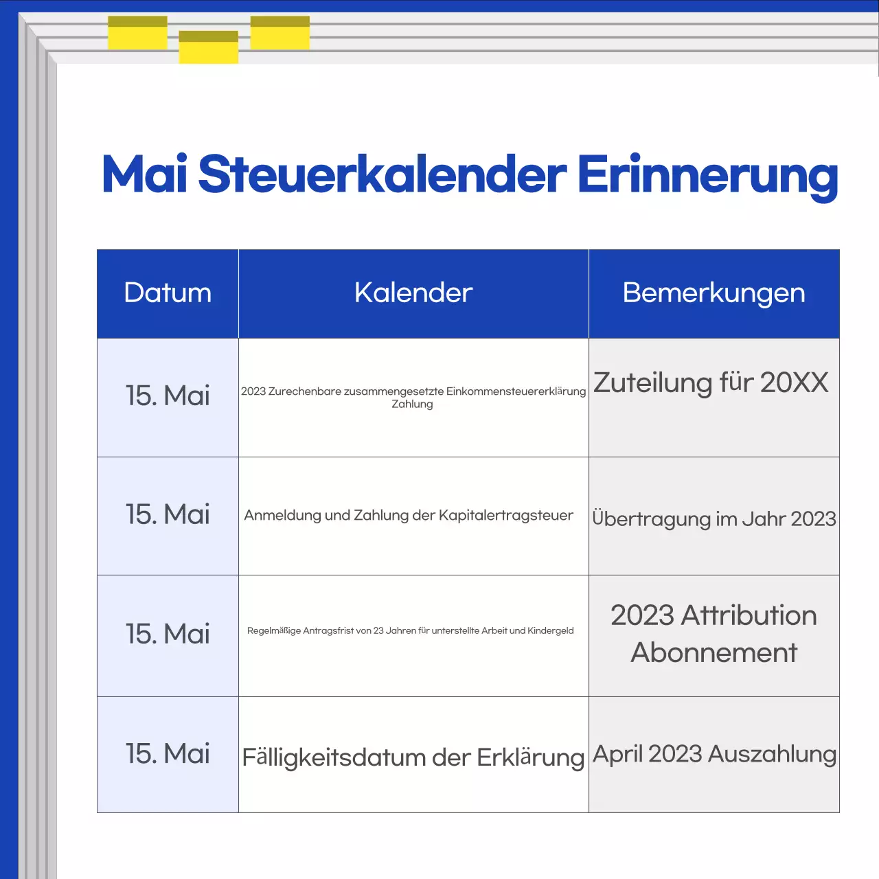 Blauer Moderner Steuerkalender Leitfaden