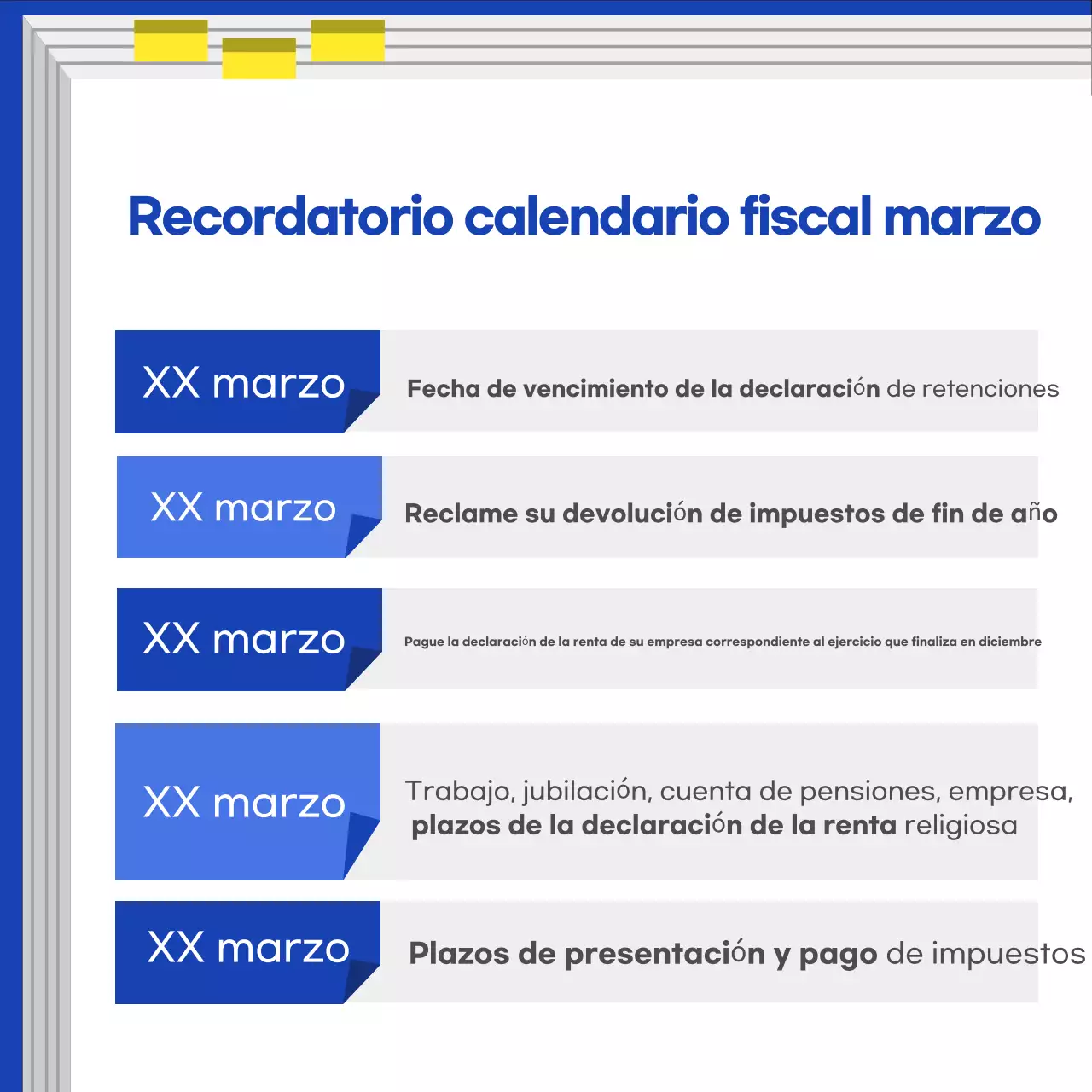Guía del calendario fiscal moderno azul