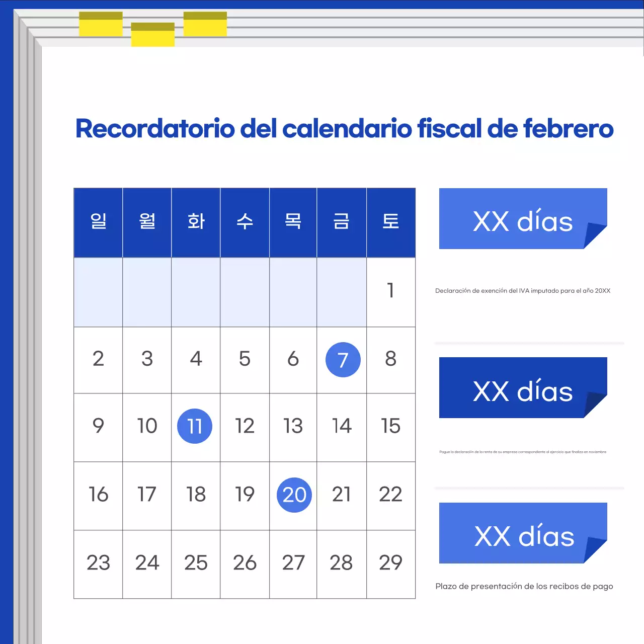 Guía del calendario fiscal moderno azul