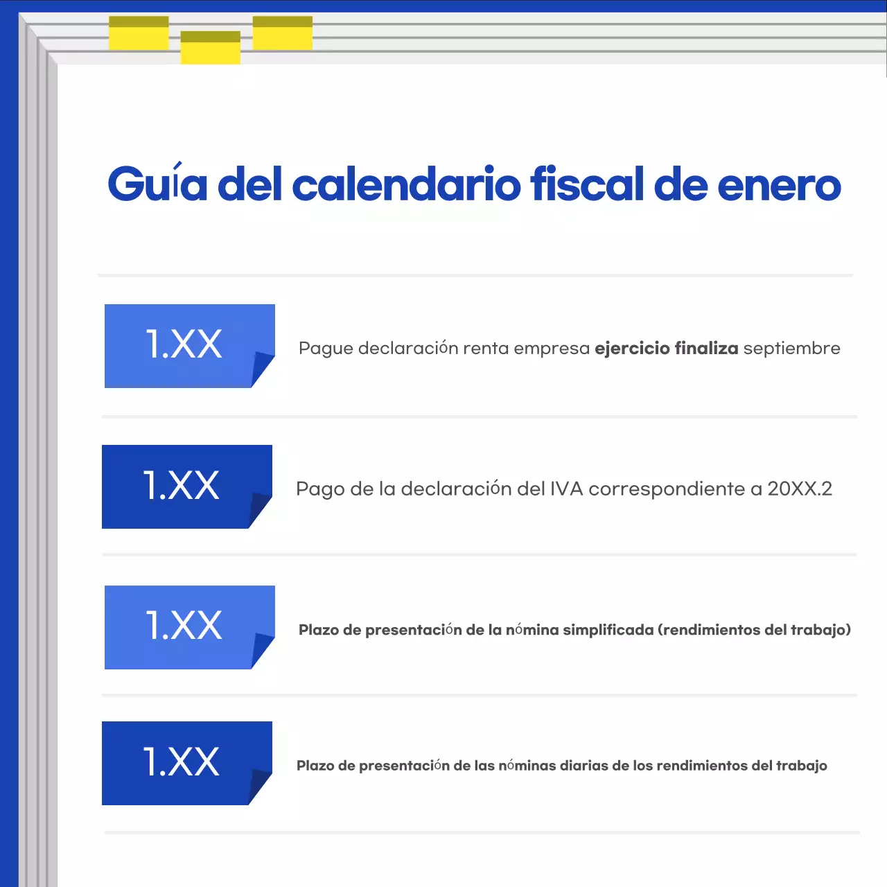 Guía del calendario fiscal moderno azul