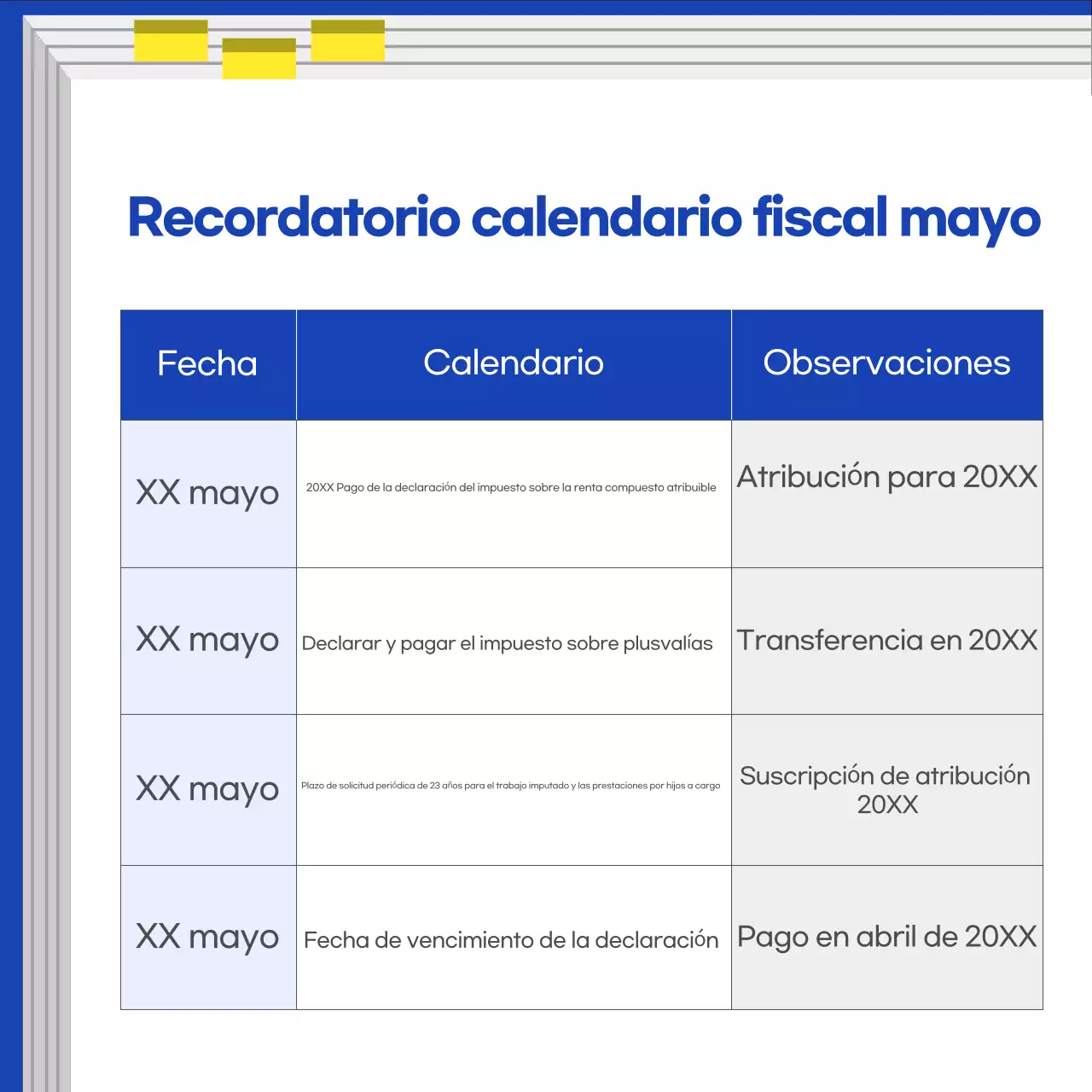 Guía del calendario fiscal moderno azul