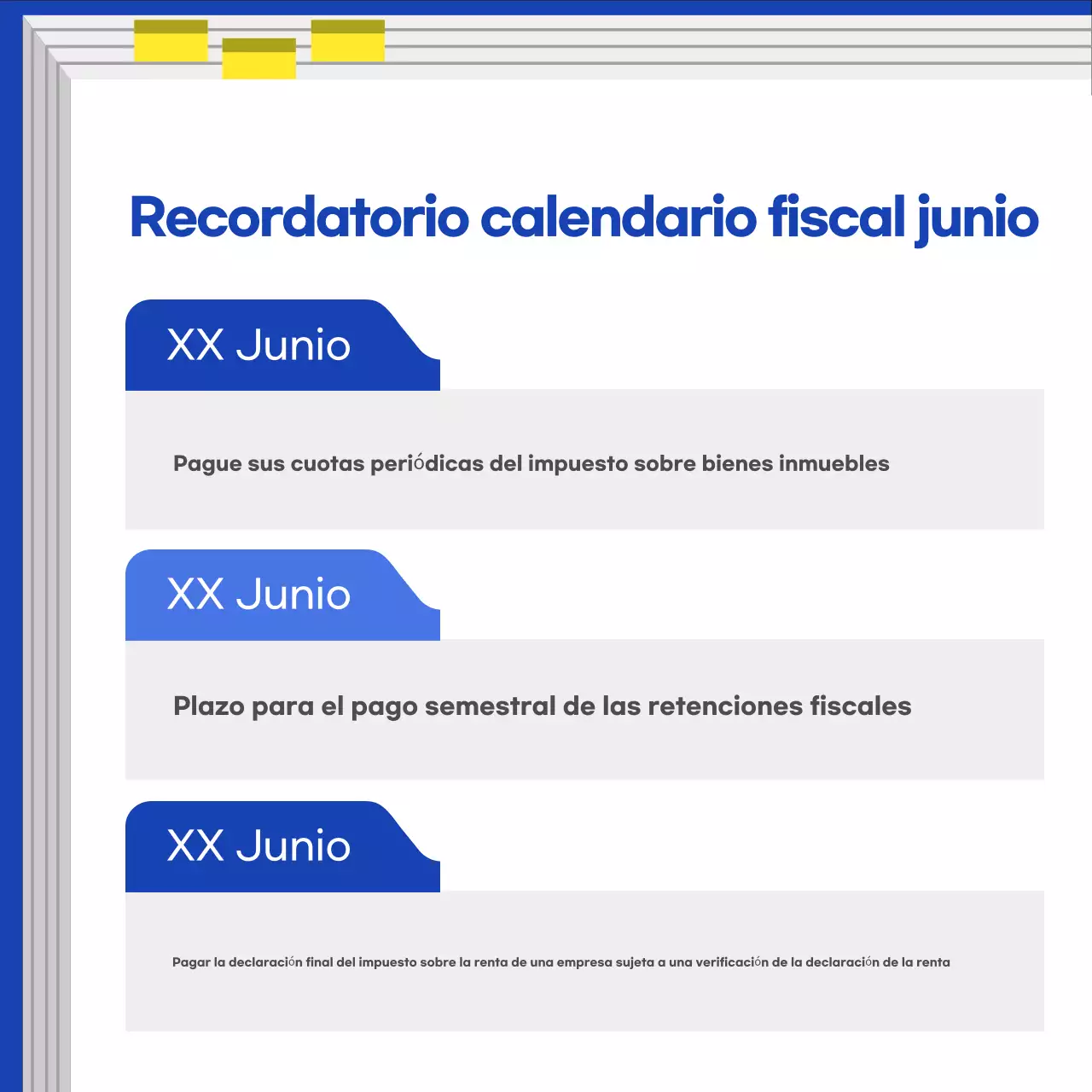 Guía del calendario fiscal moderno azul