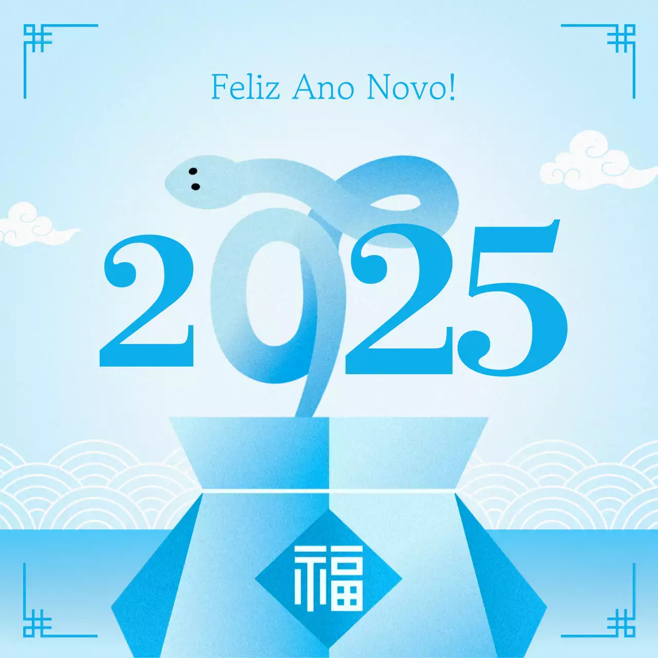 Postal tradicional de Ano Novo em azul claro