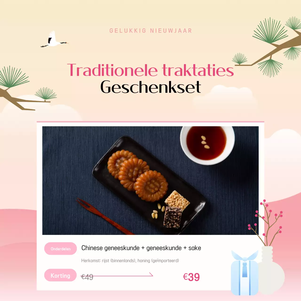 Roze en gele traditionele Chinese nieuwjaarsgeschenken post