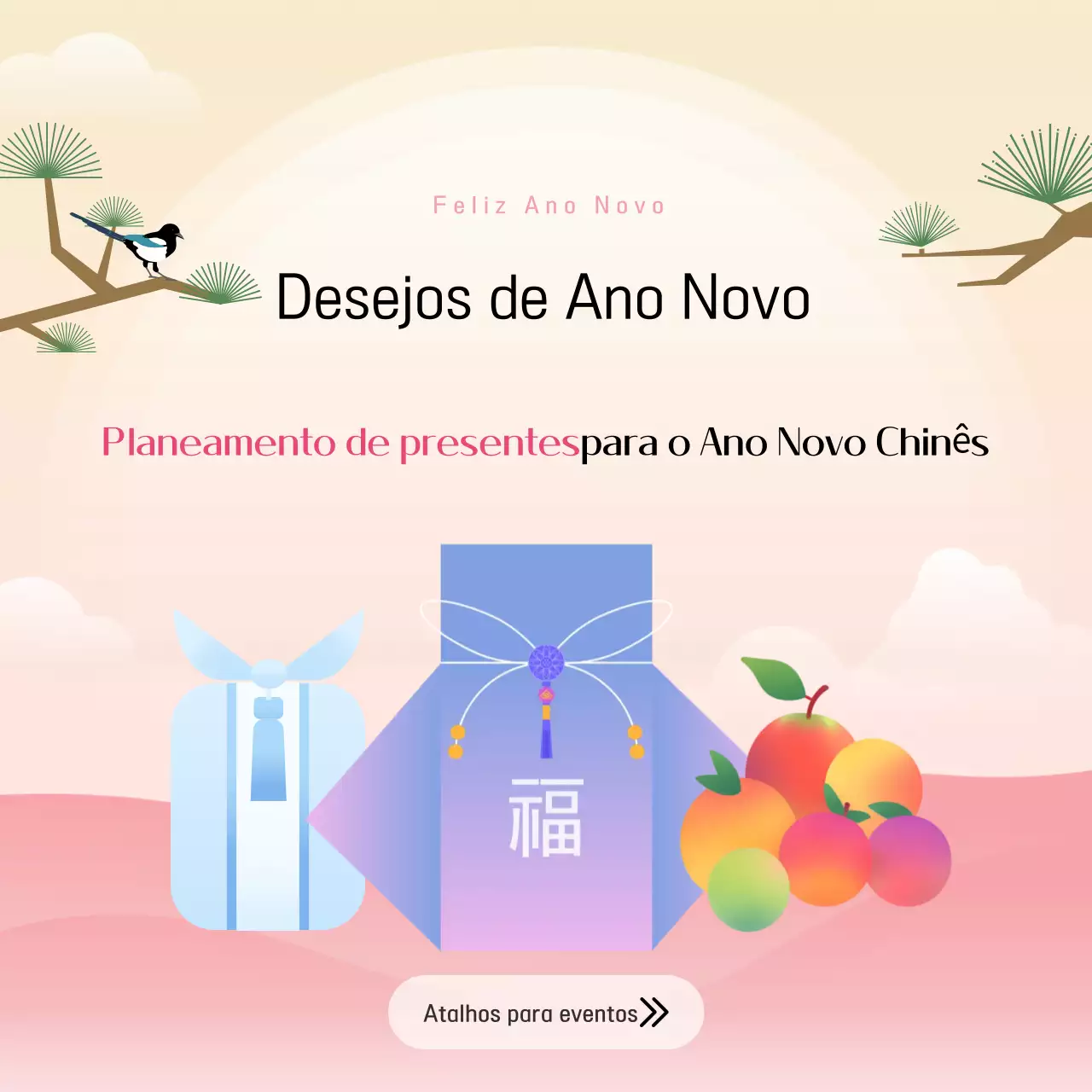 Correio de prendas tradicionais de Ano Novo Chinês cor-de-rosa e amarelo